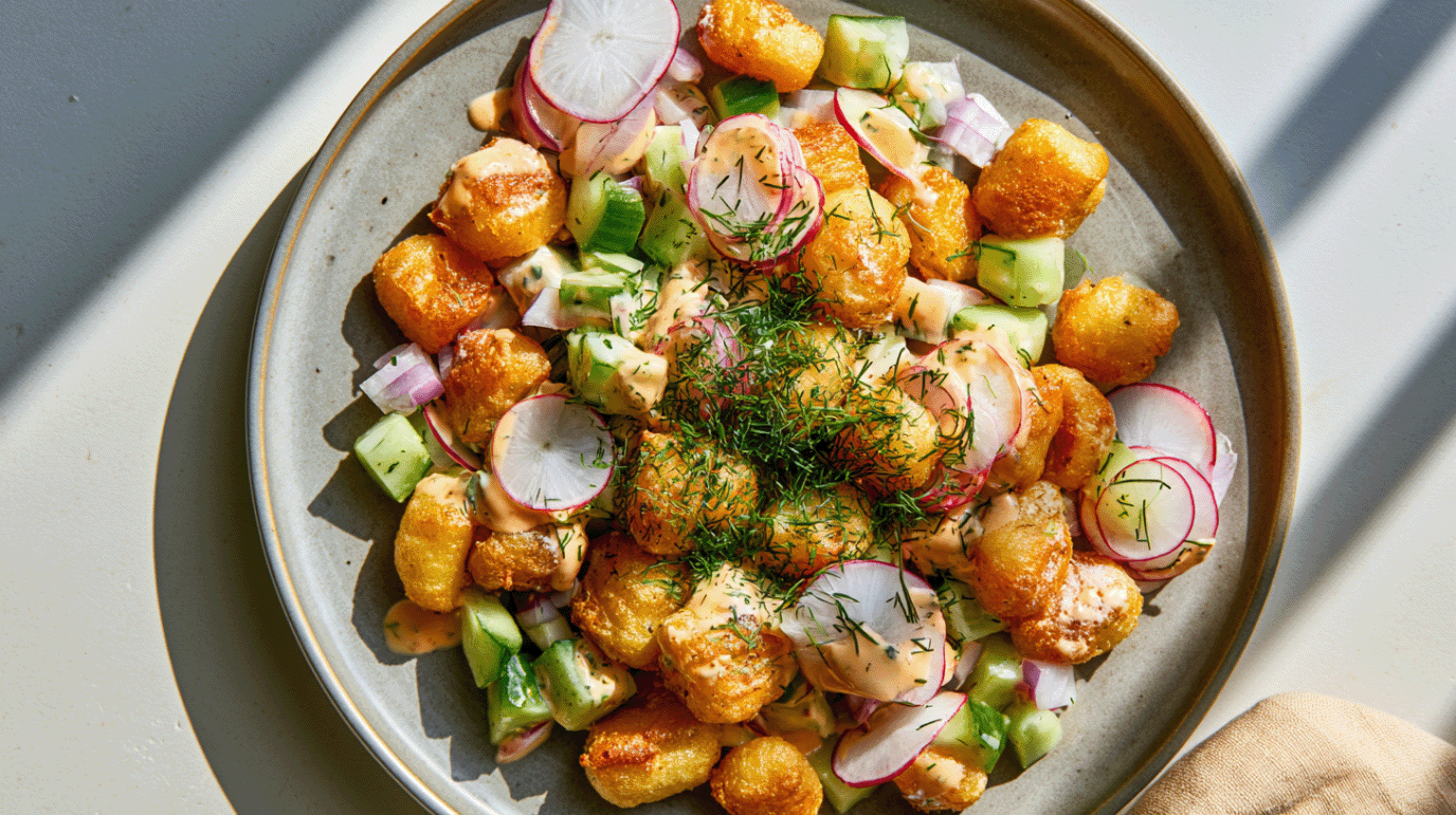 Crispy Gnocchi Salat von oben fotografiert, knusprige Gnocchi mit Gurke, roter Zwiebel und Radieschen auf einem Teller, garniert mit Dill und cremigem Dressing.