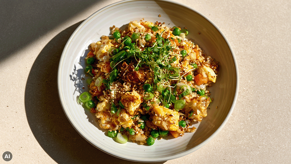 Egg Fried Rice mit Rührei, Erbsen, Karotten und Frühlingszwiebeln in einer weißen Schale von oben, getoppt mit Sesam, Kresse und Röstzwiebeln
