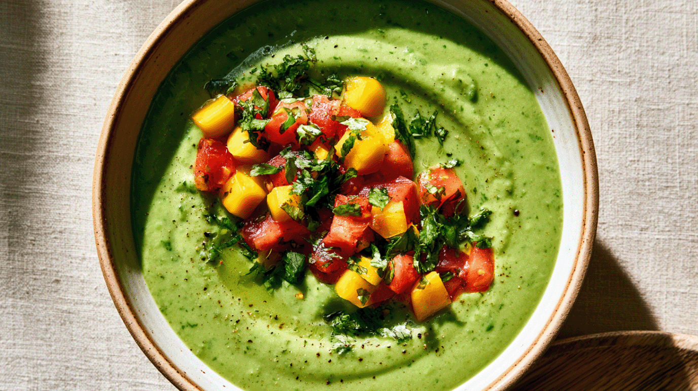 Sommer-Suppe aus Erbsen und Koriander in einer Keramikschale von oben fotografiert, garniert mit einem bunten Mango-Tomaten-Topping.