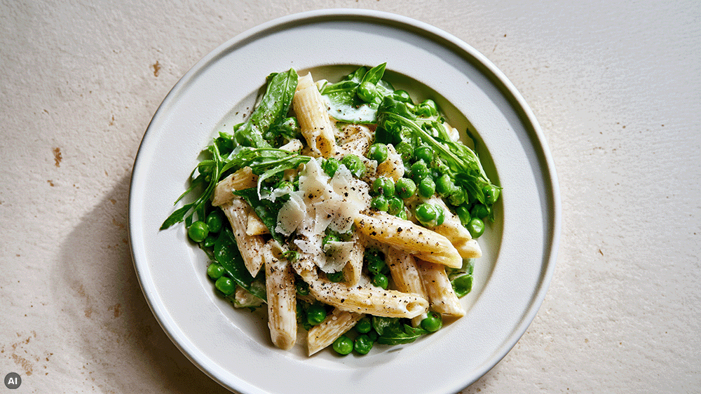 Cremige Erbsen-Pasta mit Penne, Rucola und Parmesan von oben auf einem weißen Teller
