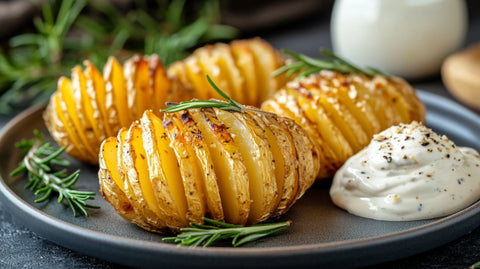 Fächerkartoffeln mit Knoblauch und FIVI Trüffel Mayo, angerichtet auf einem Teller mit frischem Rosmarin.