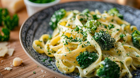 Cremige One-Pot Brokkoli Pasta mit Parmesan und frischen Kräutern auf einer grauen Keramikschale, serviert auf dem FIVI Schneidebrett DORO.