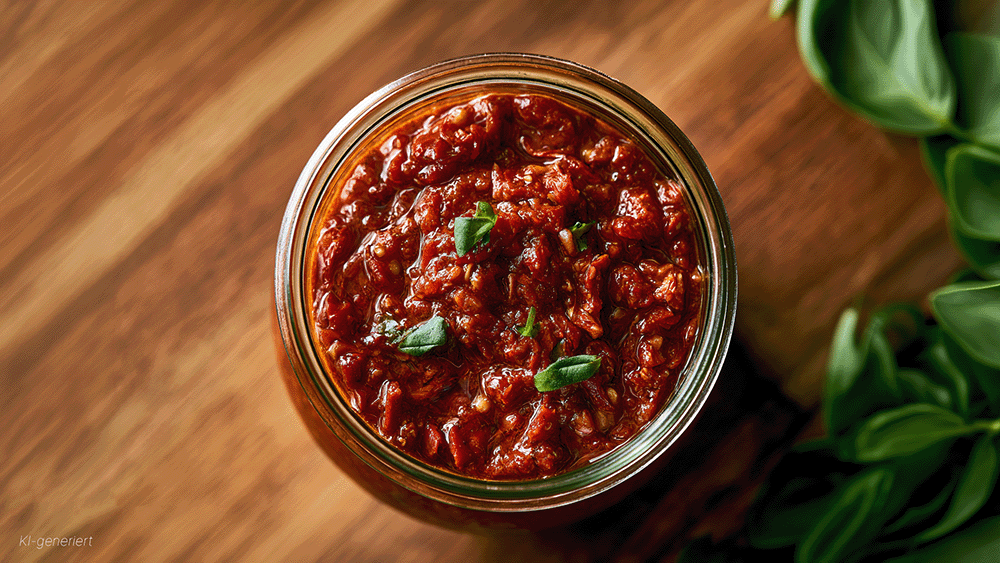 Pesto Rosso aus getrockneten Tomaten und Basilikum in einem Glas, von oben fotografiert auf einem Holzbrett