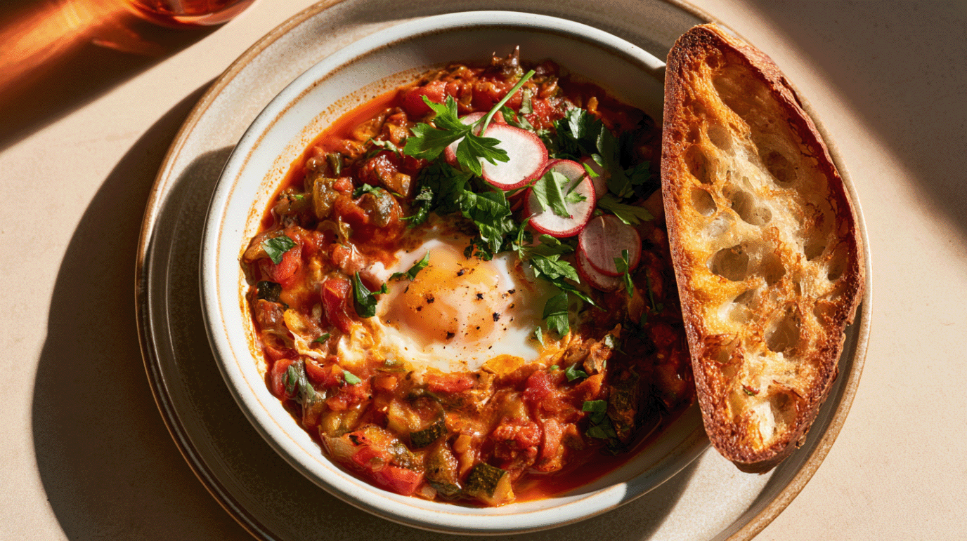Sommer-Shakshuka in einer weißen Schale von oben fotografiert, mit pochiertem Ei, würzigem Tomatensugo, Radieschen und Petersilie, dazu eine Scheibe geröstetes Bauernbrot.