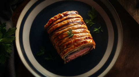 Beef Wellington mit goldbrauner Kruste, saftigem Rinderfilet und frischen Kräutern auf einem eleganten Teller – perfektes Festessen Rezept.