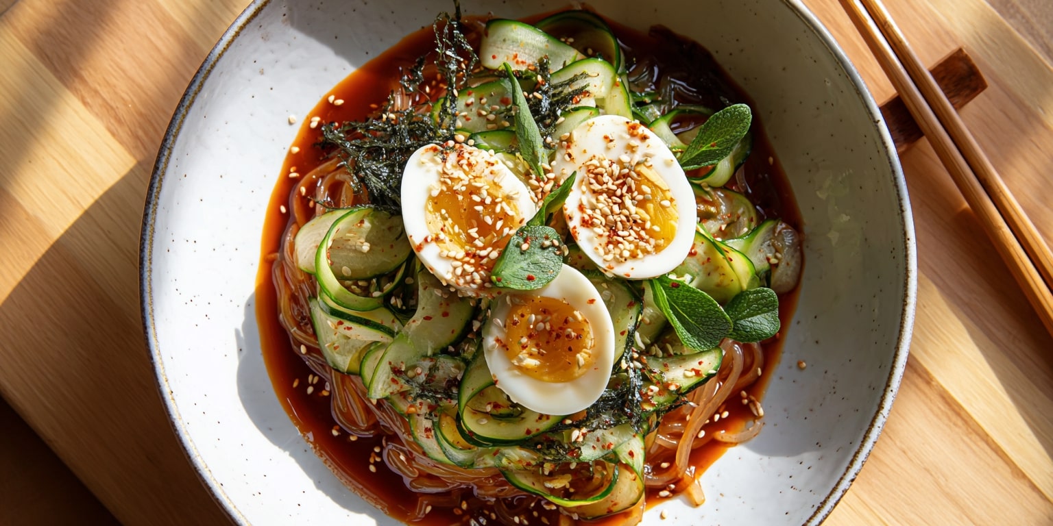 Bibim Guksu mit Gurken, Ei und Gochujang-Sauce in Keramikschale – Kalte koreanische Nudeln, garniert mit Gurkenstreifen, halbem Ei, geröstetem Sesam und frischen Kräutern.