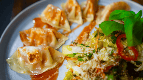 Knusprige Gyoza mit frischem, buntem Salat und Sesam-Dressing – asiatische Vorspeise, serviert mit würziger Honey Hot Sauce