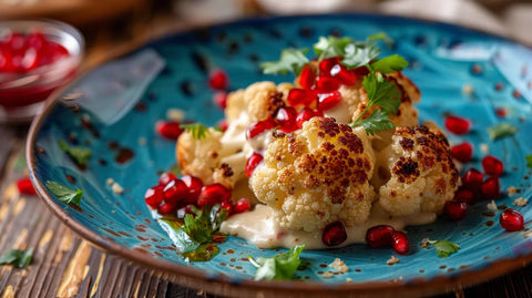 Gerösteter Blumenkohl mit Tahini, Granatapfelkernen und frischen Kräutern auf türkisem Teller.