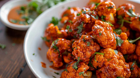 Vegane Buffalo Blumenkohl Wings mit frischen Kräutern und BBQ-Sauce in weißer Schale serviert.