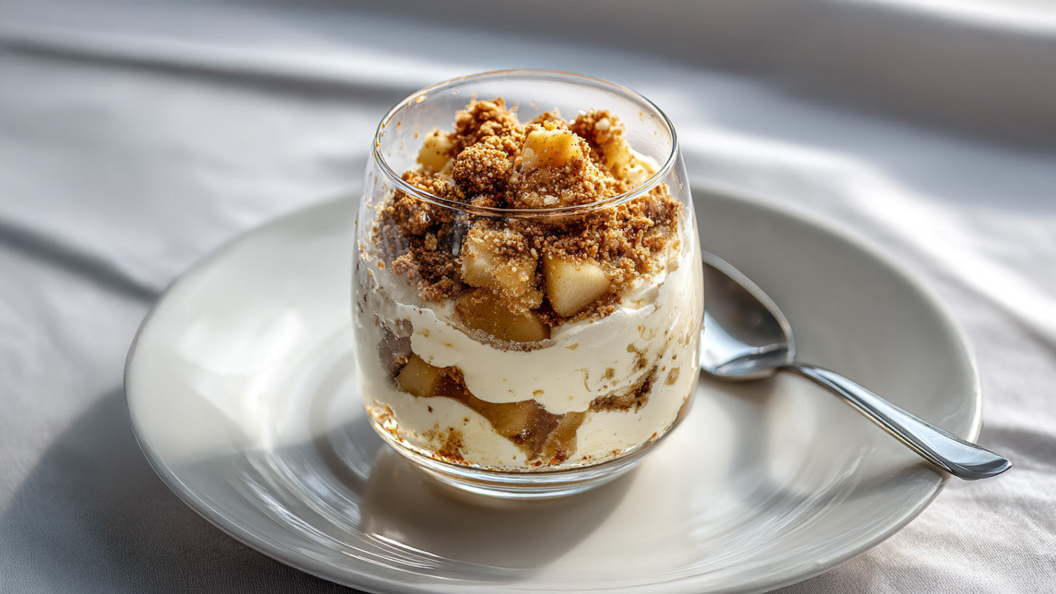 Bratapfel-Dessert im Glas mit cremiger Cheesecake-Schicht und zimtigen Apfelstücken auf einem weißen Teller.