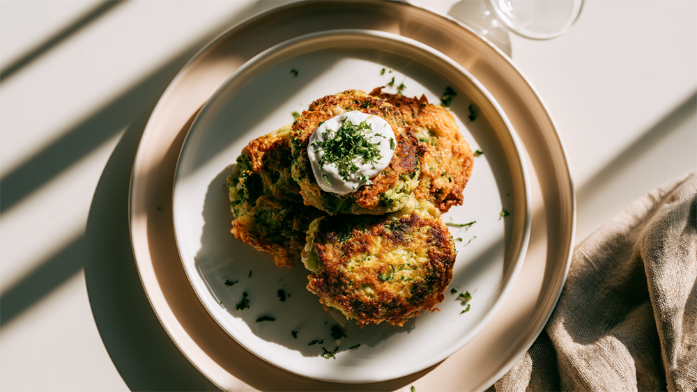 Brokkoli-Fritters auf einem Teller, angerichtet mit Kräuter-Joghurt-Dip