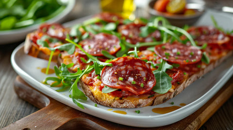 Brötchen-Pizza mit Salami, geschmolzenem Käse und Rucola auf einem Teller.