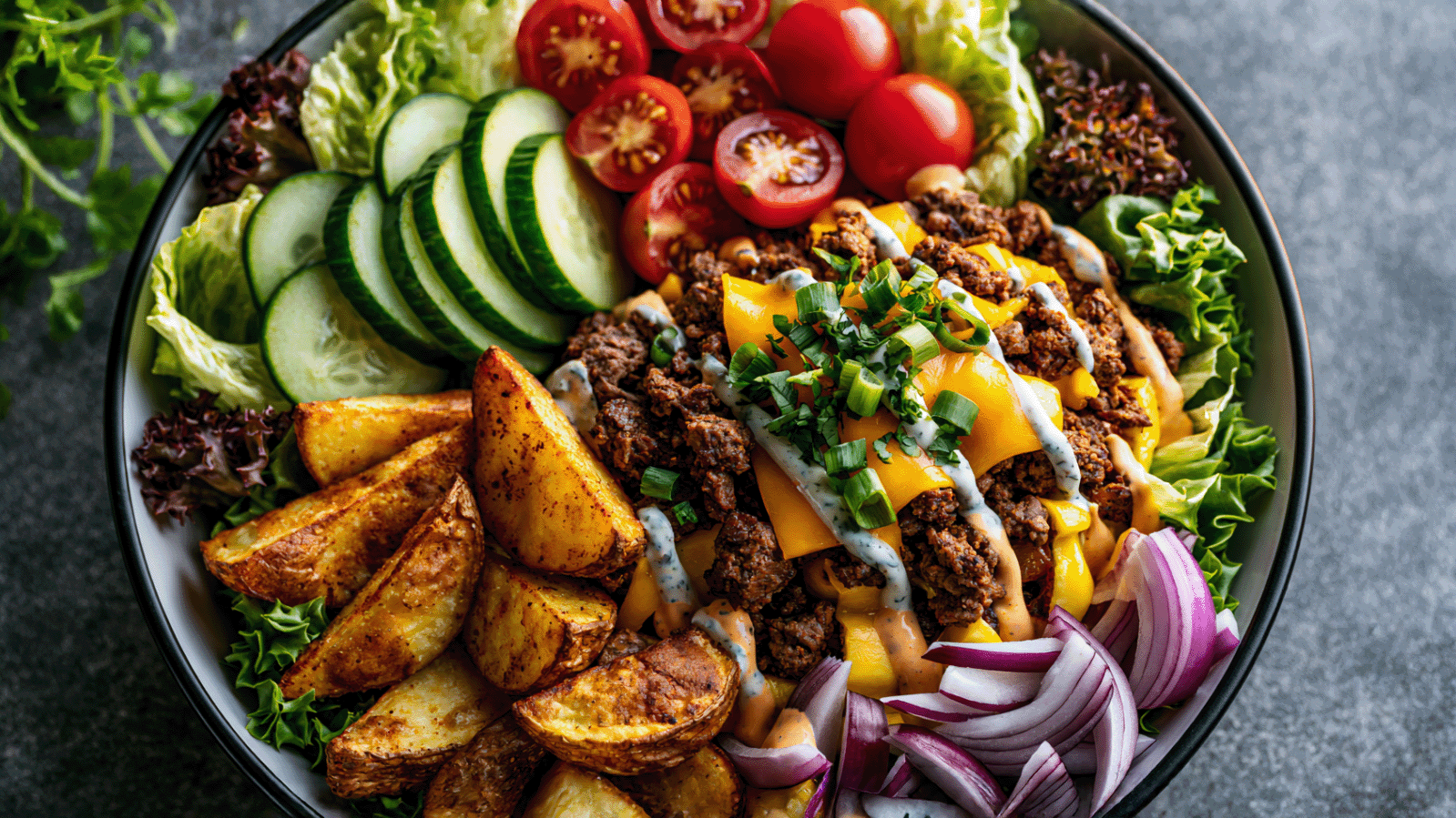Protein Burger Bowl von oben mit Römersalat, Gurkenscheiben, Kirschtomaten, Hackfleisch, geschmolzenem Käse, Dressing und roten Zwiebeln in einer Schüssel.