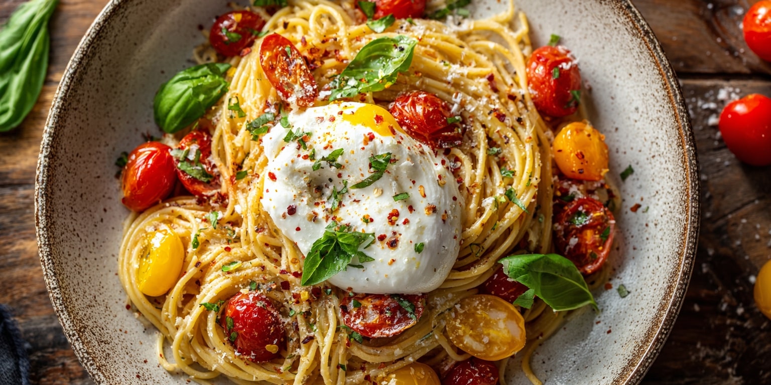 Burrata Pasta mit Kirschtomaten und Basilikum – cremige Sommerpasta in rustikaler Schale, garniert mit Chili, Parmesan und frischen Kräutern.