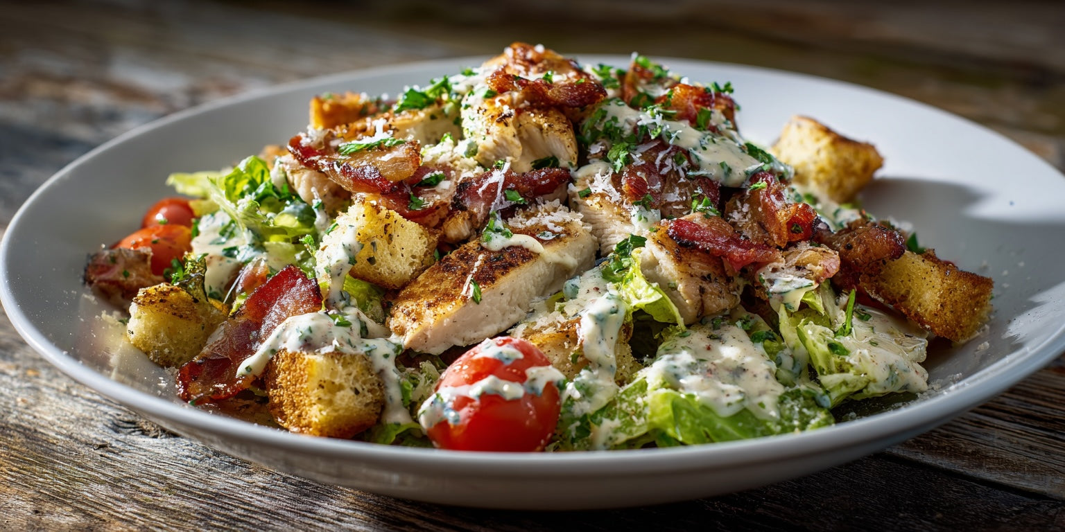 Caesar Salad mit Hähnchen und Bacon – serviert mit knusprigen Croutons, cremigem Joghurtdressing, Romanasalat und frischen Kräutern auf einem weißen Teller.