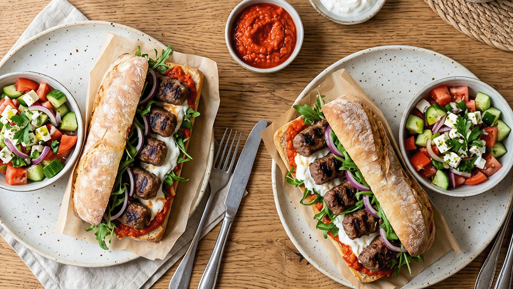 Draufsicht auf zwei Cevapcici-Sandwiches im Ciabatta-Brot mit Ajvar und Rucola auf einem Holztisch, serviert mit Tomaten-Gurken-Salat und Dips.