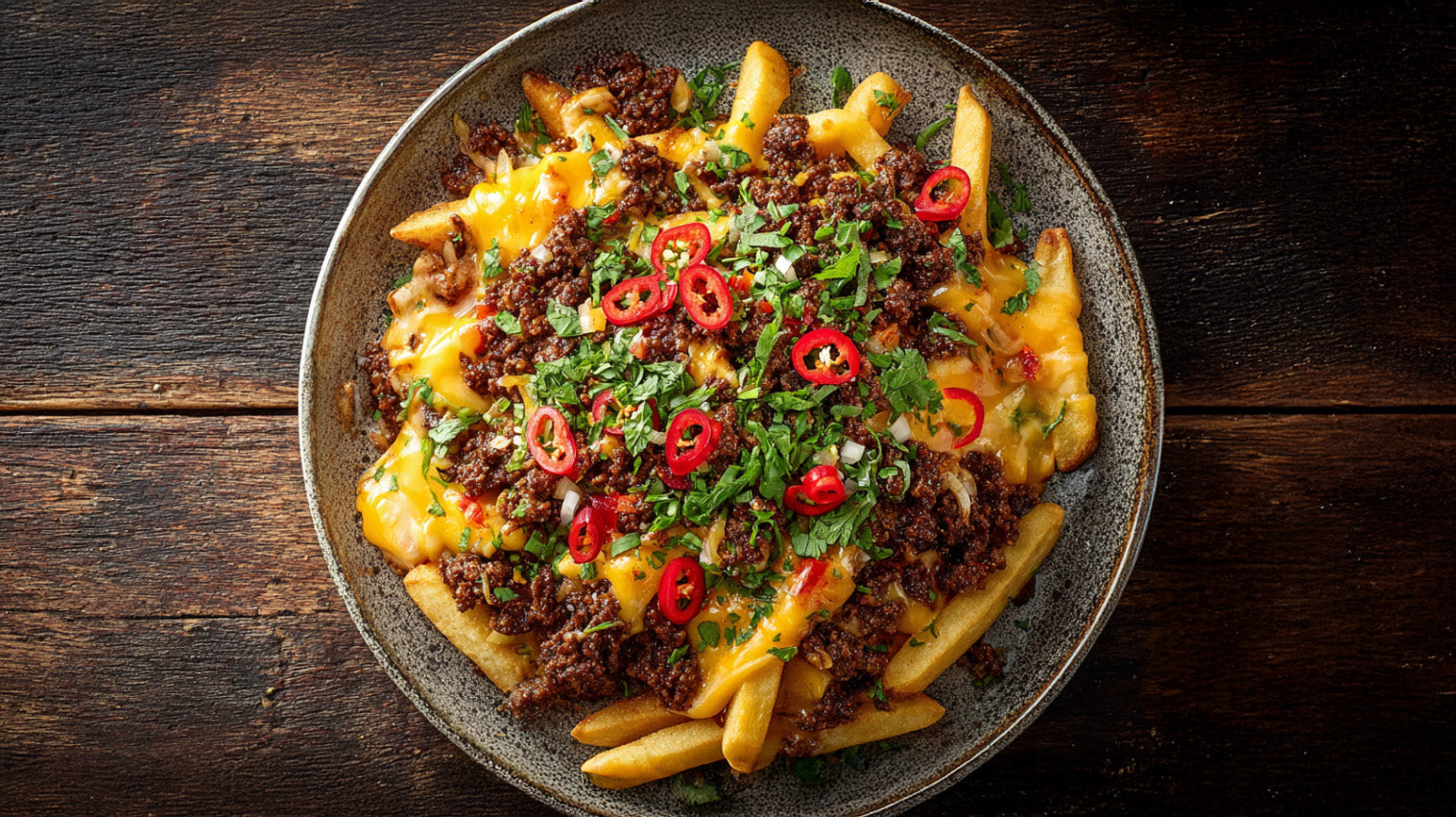 Chilli Cheese Fries mit würzigem Rinderhack, geschmolzenem Cheddar und frischen Chiliringen – knusprige Ofenpommes als herzhafter Snack.