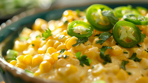 Creamed Corn mit süßem Mais, frischen Jalapeños und gehackter Petersilie, serviert in einer Schale. Perfekte Beilage für Grillpartys und Familienessen.