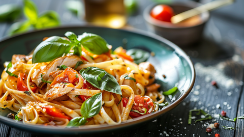 Cremige Tomaten Basilikum Pasta mit Hühnchen