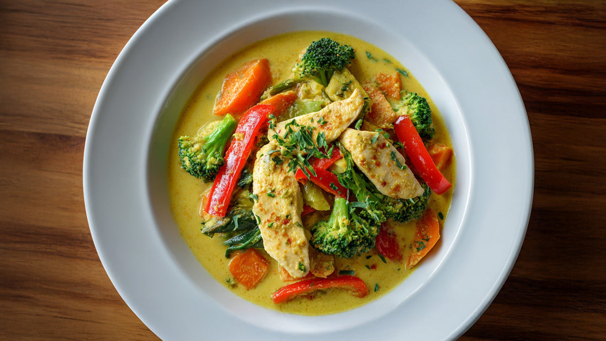 Curry Geschnetzeltes mit Gemüse in cremiger Kokossauce mit Putenstreifen, Brokkoli, Paprika und Karotten in weißem Teller