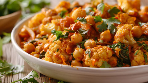 Veganes Kichererbsen-Blumenkohl-Curry garniert mit frischem Koriander, auf einem weißen Teller.