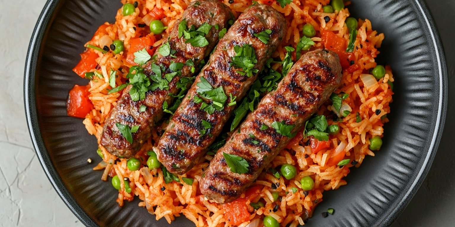 Balkan-Rezept: Djuvec Reis mit gegrillten Cevapcici, verfeinert mit Ajvar, Paprika und Erbsen auf schwarzem Teller serviert