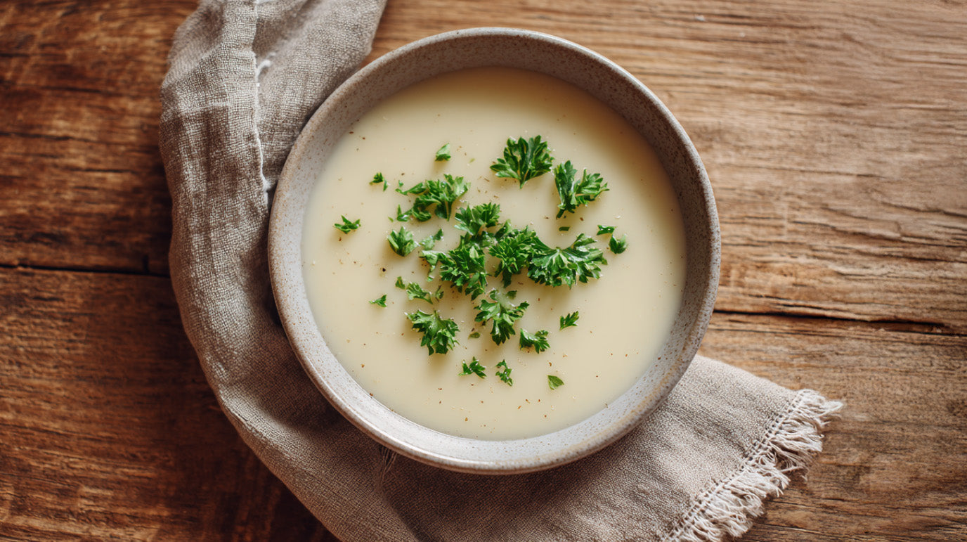 Kartoffelsuppe cremig serviert in einer Schale, fein püriert und mit frischer Petersilie garniert auf rustikalem Holztisch.