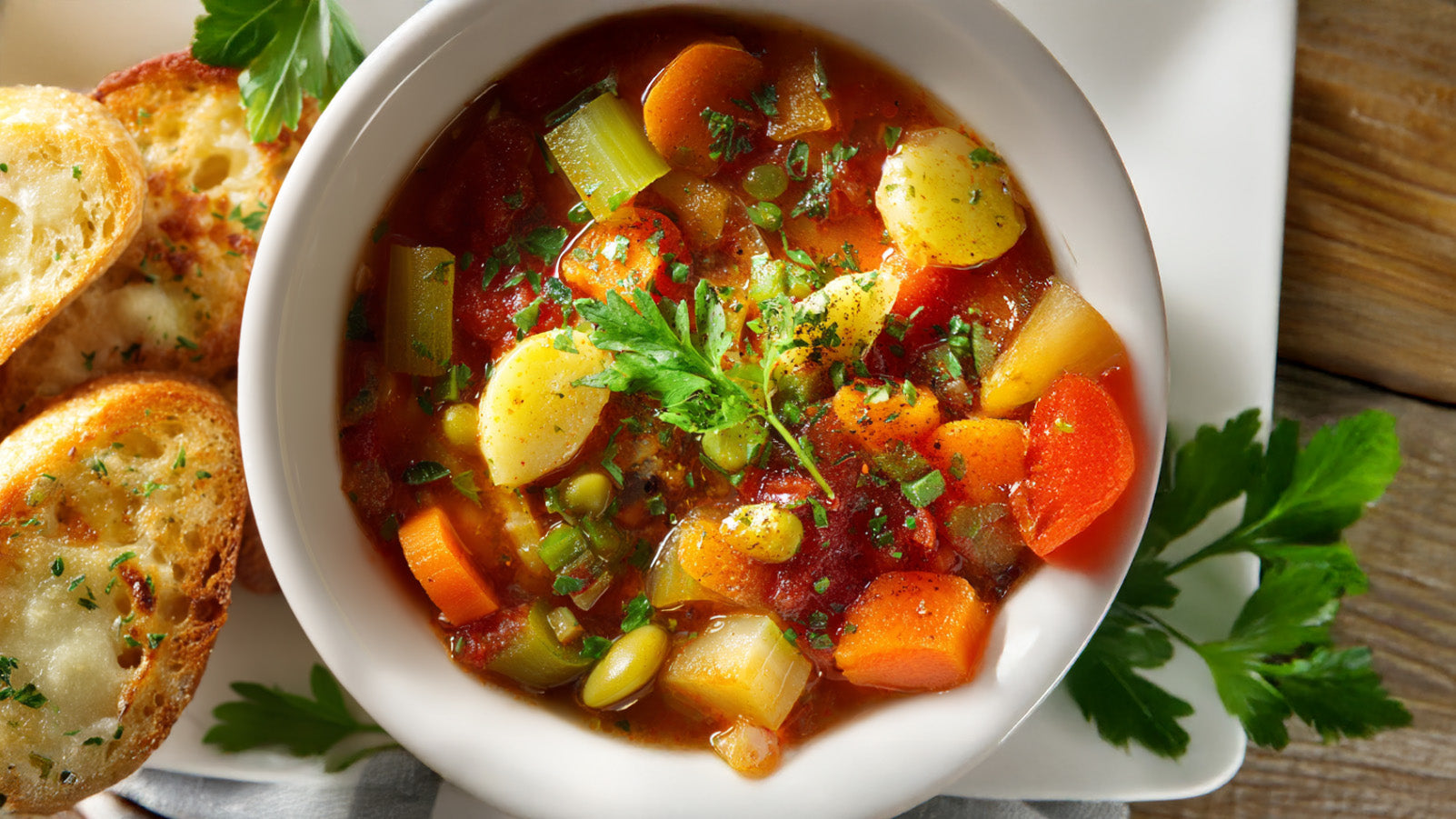 Gemüseeintopf mit Knoblauchbaguette – bunte Gemüsesuppe mit Karotten, Sellerie und Bohnen, serviert in einer weißen Schale mit frischer Petersilie.