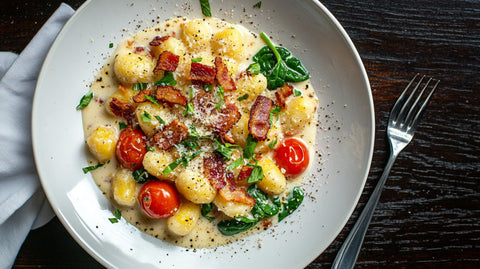 Gnocchi-Bacon-Pfanne mit cremiger Soße, knusprigem Bacon, Kirschtomaten und frischem Babyspinat, serviert auf einem weißen Teller mit Parmesan und Pfeffer.