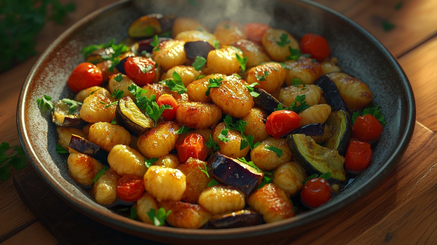 Gnocchi Gemüsepfanne mit Zucchini, Aubergine und Tomaten – knusprig gebratenes vegetarisches Pfannengericht