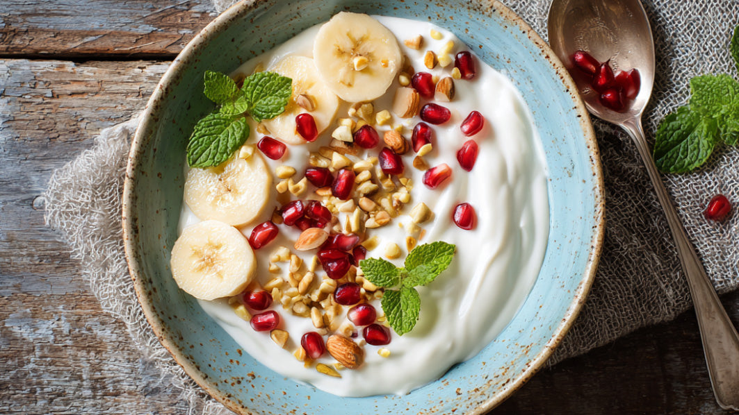 Griechischer Joghurt mit Banane und Granatapfel – cremiger Joghurt in einer Schale, garniert mit frischer Banane, Granatapfelkernen, Minze und gerösteten Nüssen.