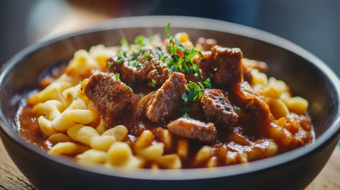 Leckeres Rindergulasch angerichtet auf Spätzle, präsentiert in einer stilvollen Schale – ein winterliches Rezept mit hochwertigen FIVI-Produkten.