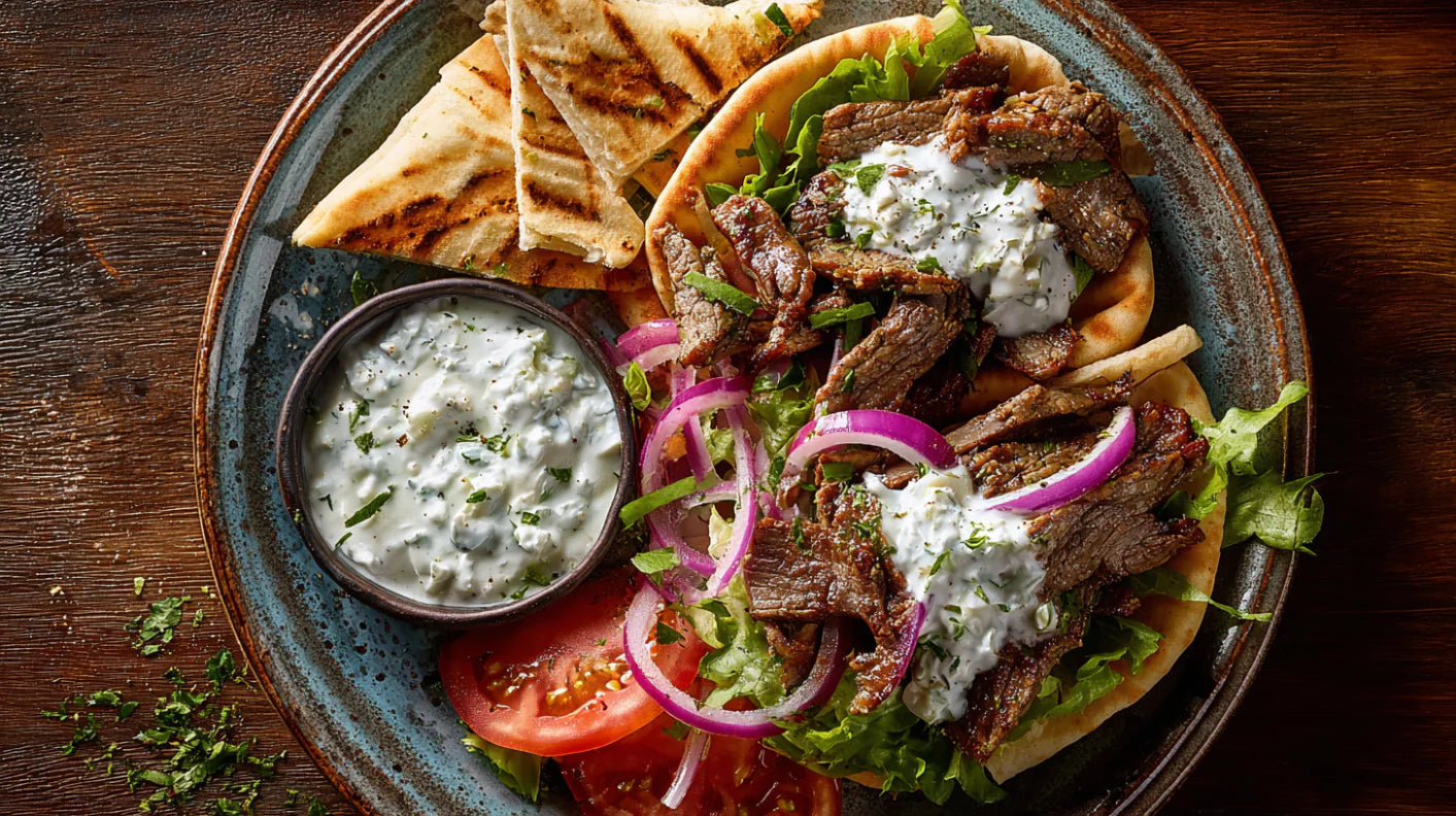 Gyros-Pita mit Zaziki und Salat auf einem Teller, serviert mit gegrilltem Fladenbrot, frischen Tomaten, roten Zwiebeln und cremigem Zaziki-Dip.