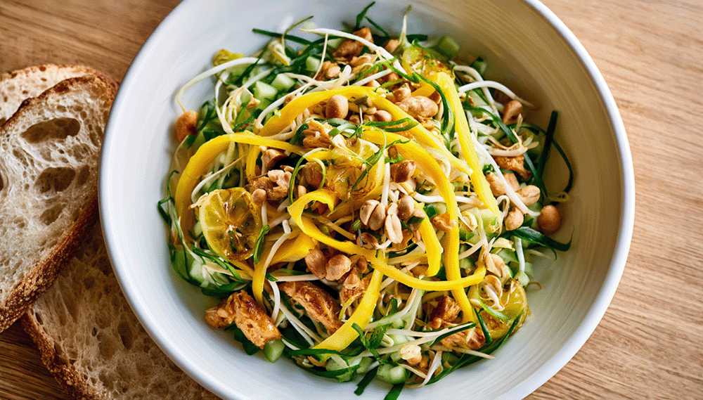 Draufsicht auf einen asiatischen Hähnchensalat mit Sprossen, Mangostreifen und Erdnüssen in einer weißen Schale, daneben zwei Scheiben Brot.