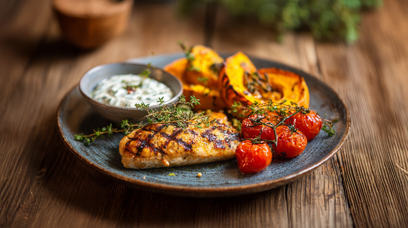 Hähnchenfilet auf Honig-Kürbis mit Kräuterquark und Ofentomaten auf rustikalem Holztisch – gesundes, herbstliches Rezept für den Feierabend.