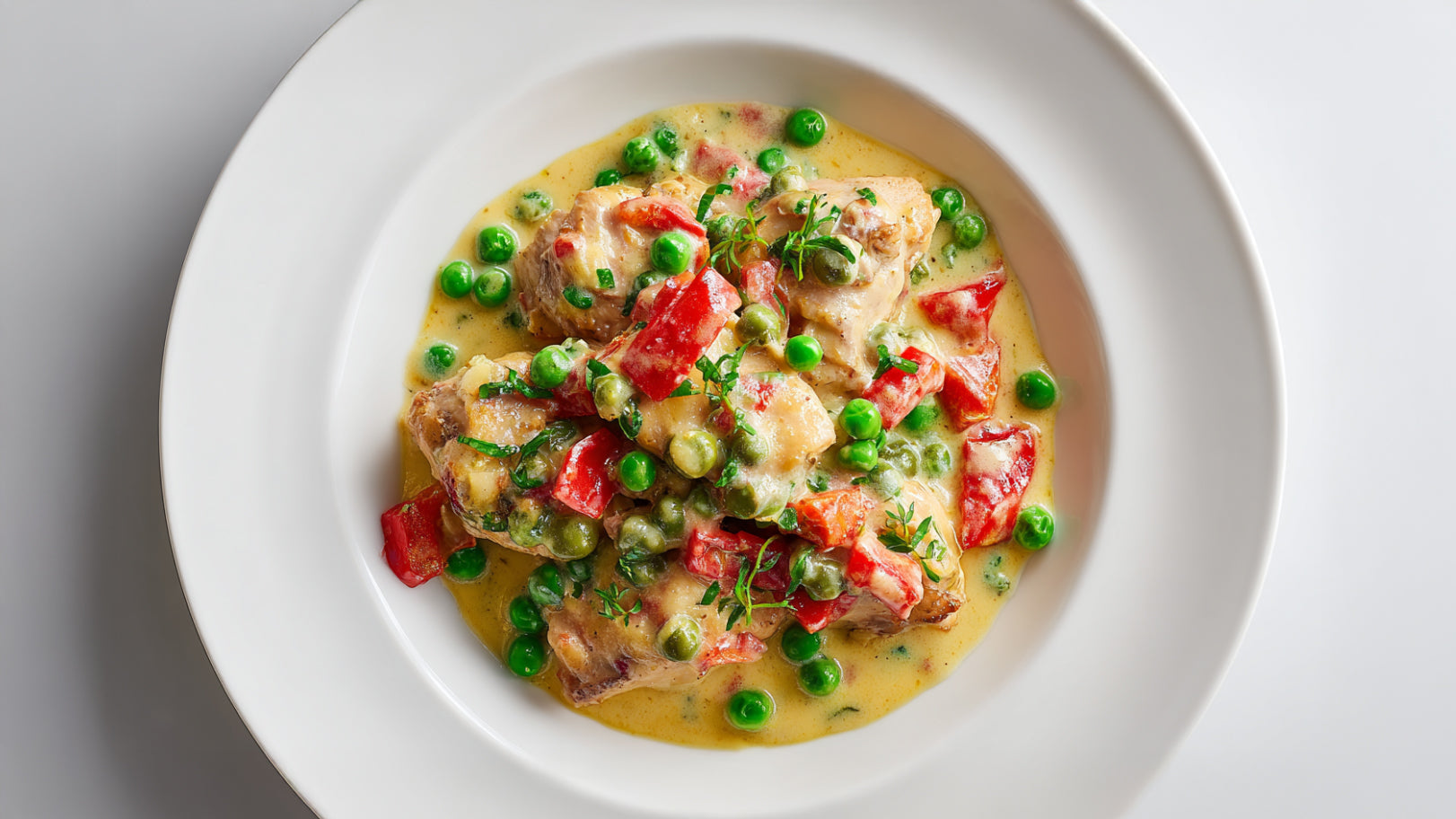 Draufsicht auf eine Hähnchenpfanne in cremiger Senfsauce, serviert in einem tiefen weißen Teller. Das Gericht enthält gebratene Hähnchenstücke, leuchtend grüne Erbsen, rote Paprikawürfel und frische Kräuter auf einem minimalistischen weißen Hintergrund.
