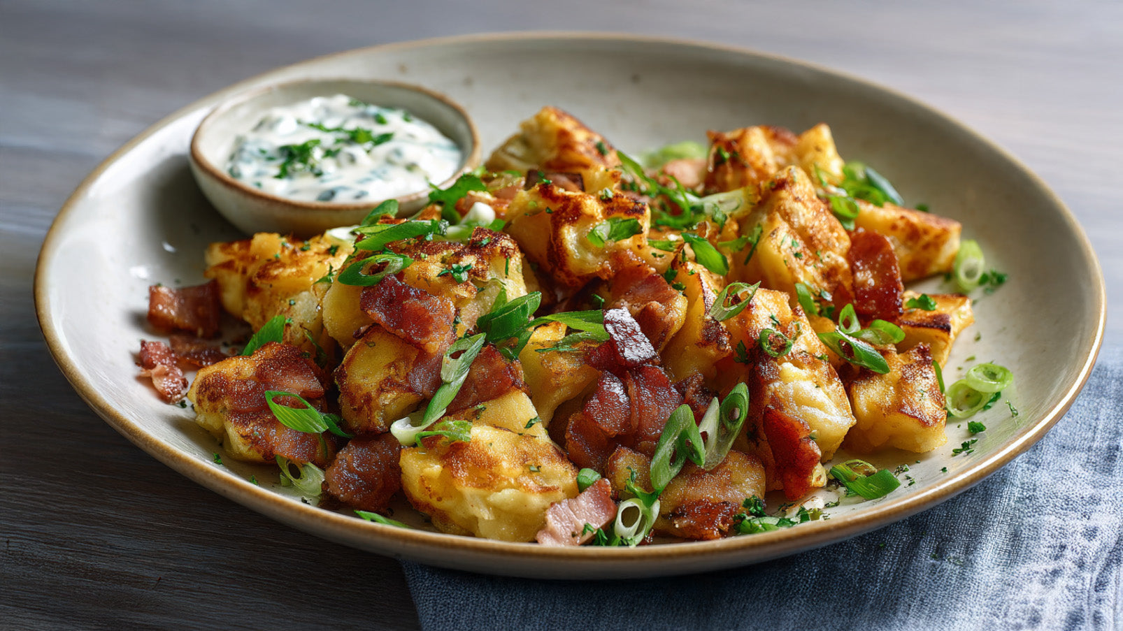 Herzhafter Kaiserschmarrn mit knusprigem Speck, Frühlingszwiebeln und cremigem Kräuterquark, goldbraun gebraten auf einem Teller angerichtet