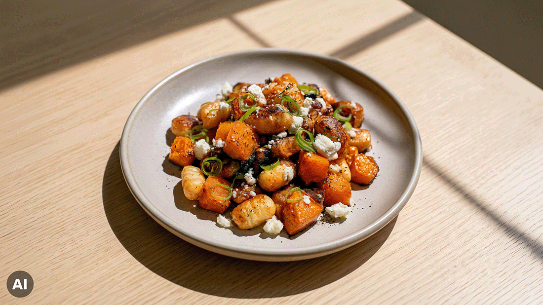 Gnocchi-Pfanne mit Hokkaido, Feta und Frühlingszwiebeln von oben auf einem hellgrauen Teller auf einem Holztisch.