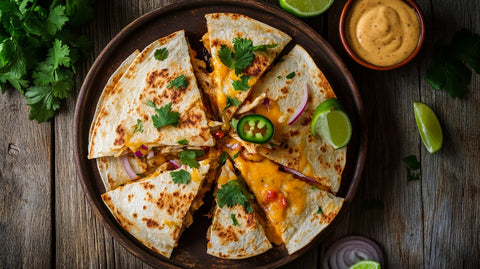 Chicken Quesadillas mit geschmolzenem Cheddar, saftigem Hähnchen und frischen Jalapeños, serviert mit Limetten und würziger Sauce auf rustikalem Holztisch.