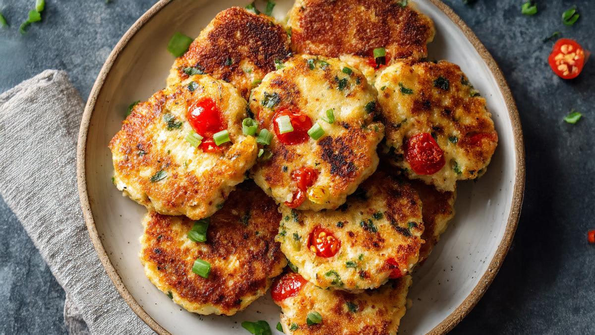Hüttenkäsetaler mit Tomaten und Frühlingszwiebeln, goldbraun gebacken und saftig auf einem Teller angerichtet