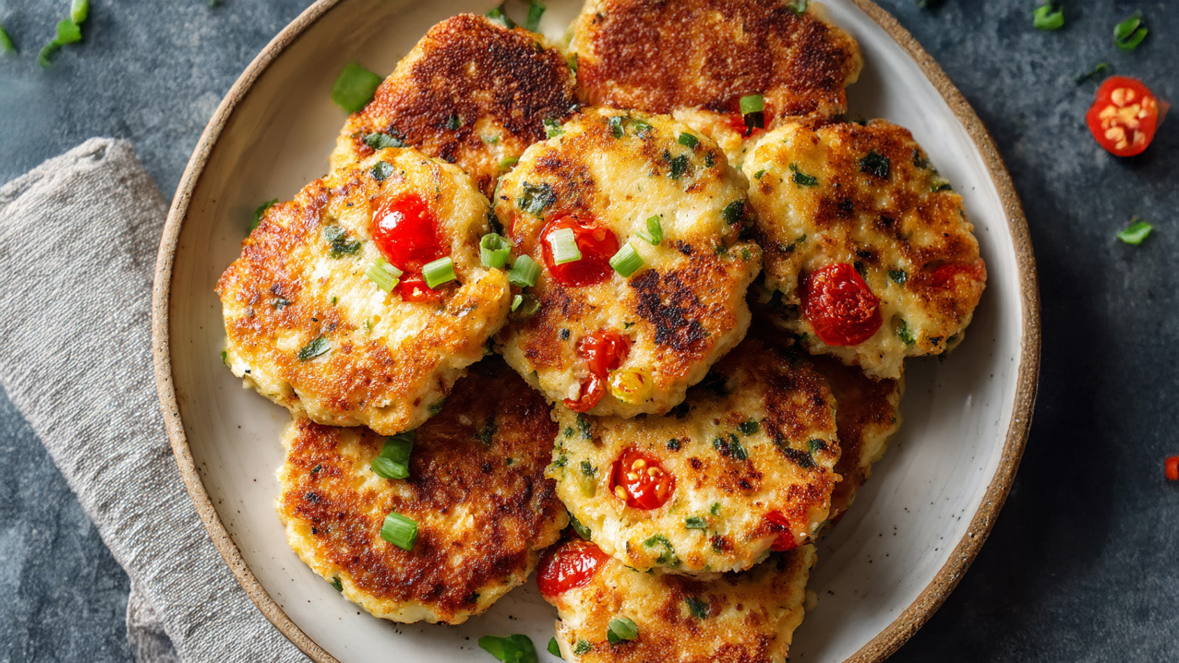Hüttenkäsetaler mit Tomaten und Frühlingszwiebeln, goldbraun gebacken und saftig auf einem Teller angerichtet
