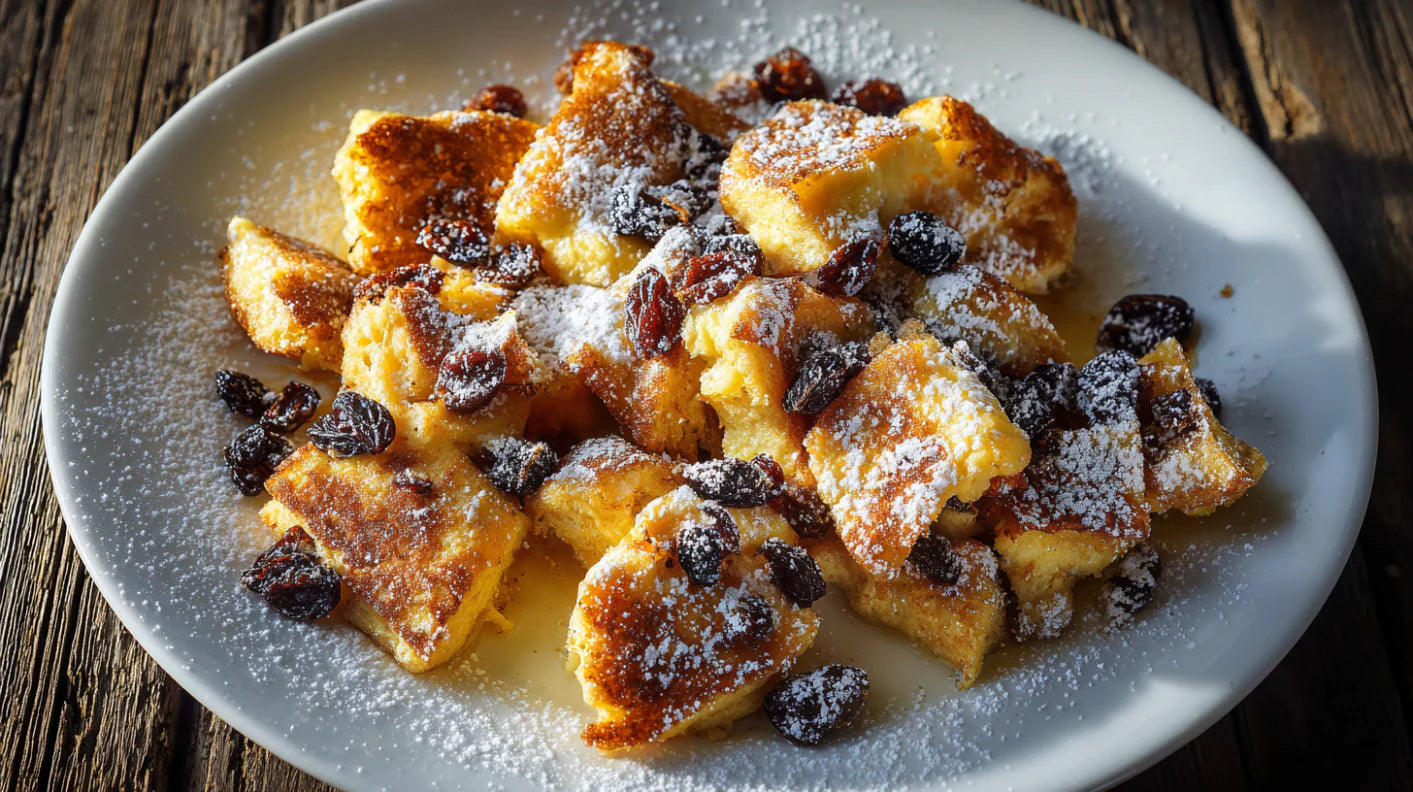 Fluffiger Kaiserschmarrn mit Rosinen und Puderzucker auf weißem Teller serviert – perfekt als sommerliches Dessert oder süße Hauptspeise.