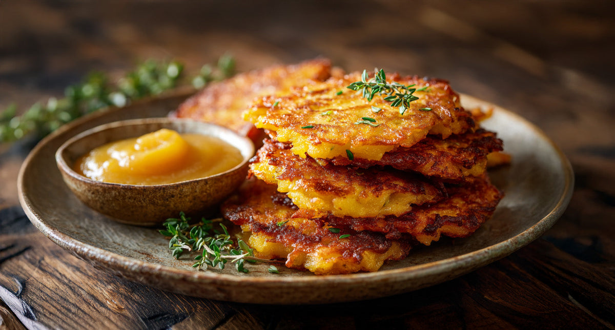 Kartoffel-Kürbis Puffer mit Apfelmus – knusprige Gemüse-Puffer mit goldbrauner Kruste und fruchtigem Apfelmus auf rustikalem Teller serviert.