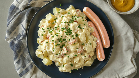 Kartoffelsalat mit cremigem Dressing, verfeinert mit Schnittlauch, serviert mit Wiener Würstchen und Senf auf einem blauen Teller – perfekte Beilage oder Hauptgericht.