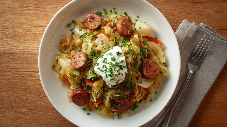 Deftige Kraut-Wurst-Pfanne mit gebratenen Mettwurst-Scheiben, Weißkohl und einem Klecks Schmand in einem weißen Teller.