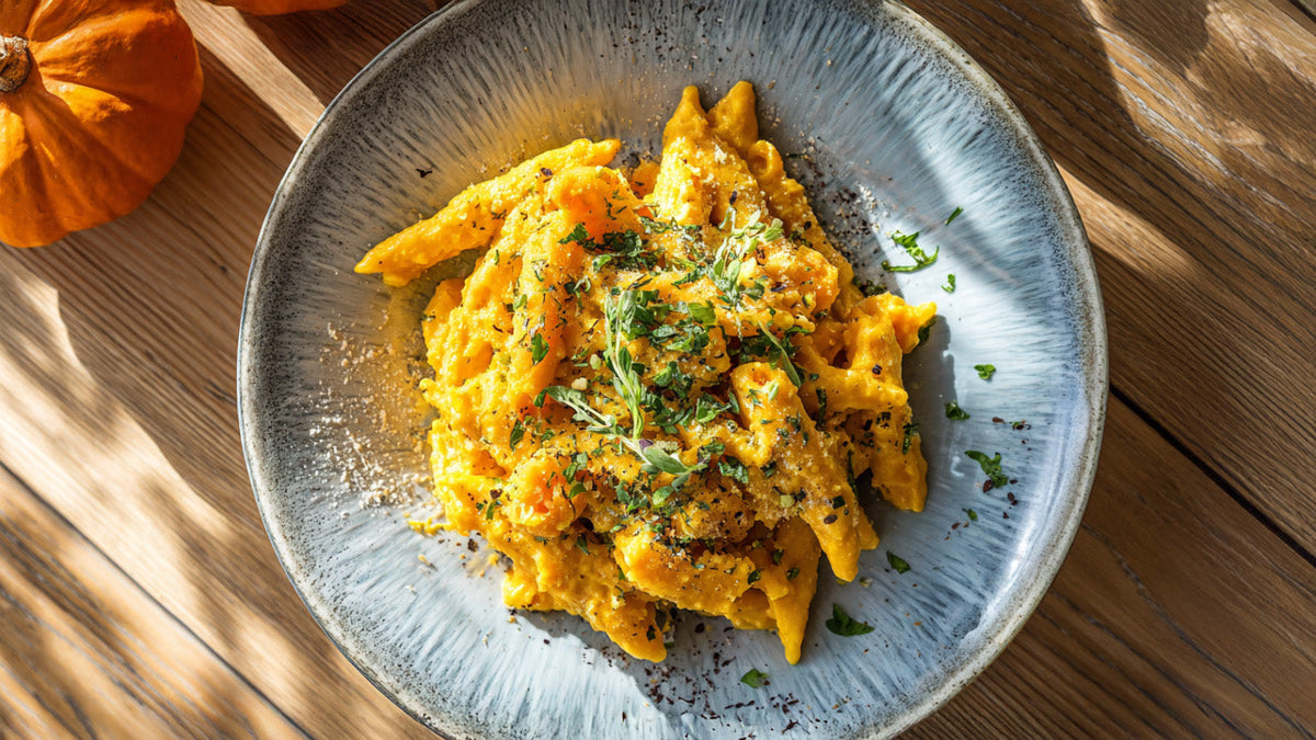 One-Pot Kürbis-Pasta mit cremiger Sauce aus Hokkaido und Kräutern, serviert auf grauem Teller – herbstliches Pasta-Rezept mit frischem Kürbis.