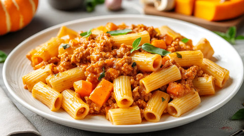 Herbstliche Kürbis Bolognese mit Rigatoni, Tofu und Kürbiswürfeln, garniert mit frischem Basilikum – vegane, würzige Pasta für gemütliche Abende.