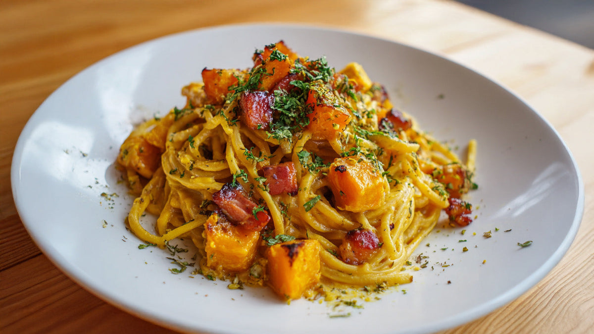 Kürbis Carbonara mit Spaghetti, Speckwürfeln und frischem Kürbis – cremige herbstliche Pasta auf weißem Teller