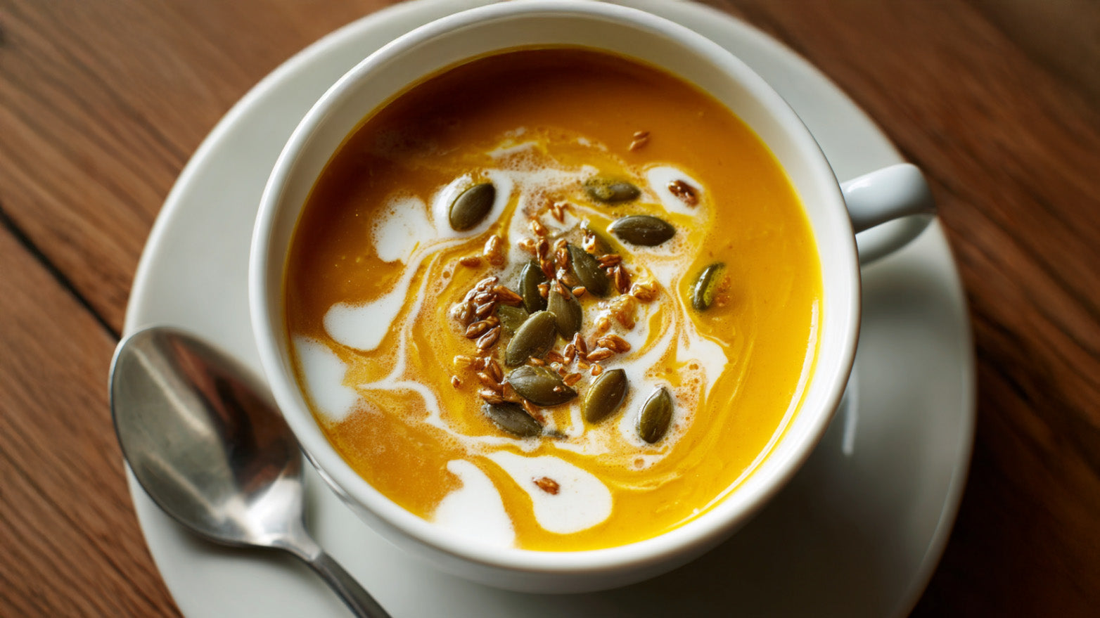 Kürbissuppe mit Kürbiskernkrokant – cremige Hokkaido-Suppe mit Kokosmilch und gerösteten Kürbiskernen, perfekt als herbstliches Wohlfühlgericht.