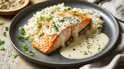 Saftiger gedämpfter Lachs auf Jasminreis mit heller Sauce und frischer Petersilie, präsentiert auf einem grauen Teller für ein festliches Essen.